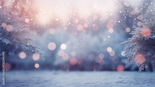 Christmas blurred forest background. Natural Winter Christmas wallpaper. Winter with blur landscape.
