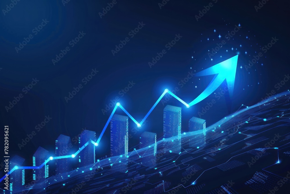 A blue arrow pointing upwards on the background of an upward graph A blue arrow pointing upwards on the background of an upward graph