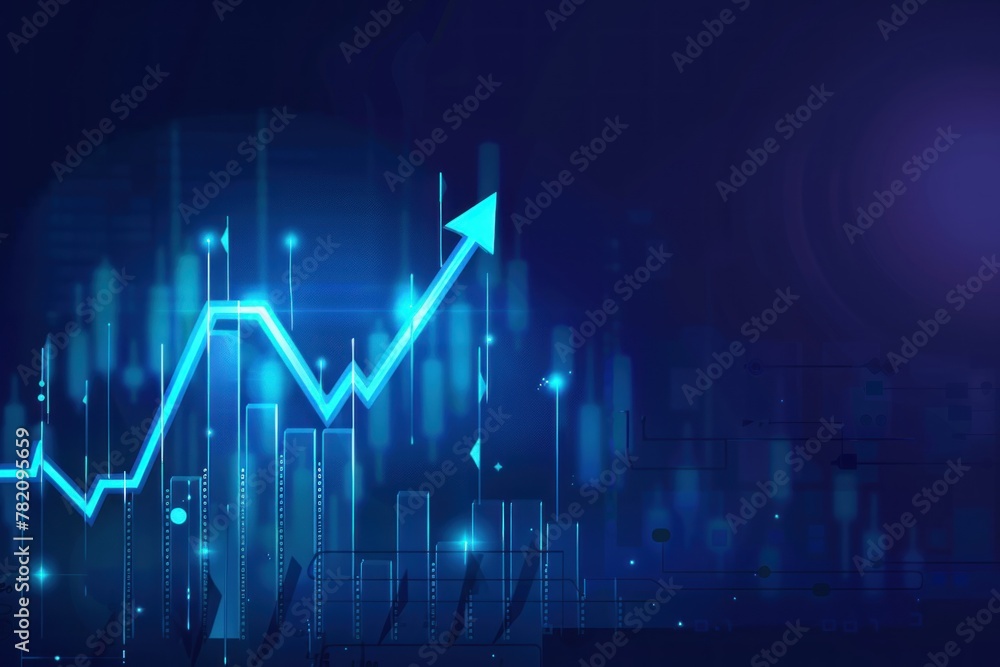 A blue arrow pointing upwards on the background of an upward graph A blue arrow pointing upwards on the background of an upward graph