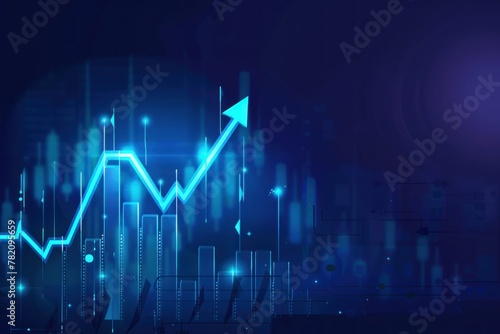 A blue arrow pointing upwards on the background of an upward graph