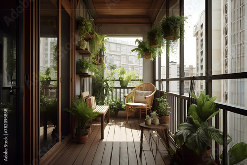 Urban oasis: Cozy and lush balcony garden with seating area and vibrant plants