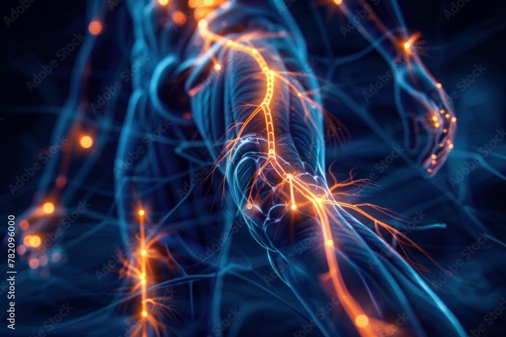 Detailed 3D Illustration of Human Nervous System with Glowing Blue and Orange Lines Running Through It