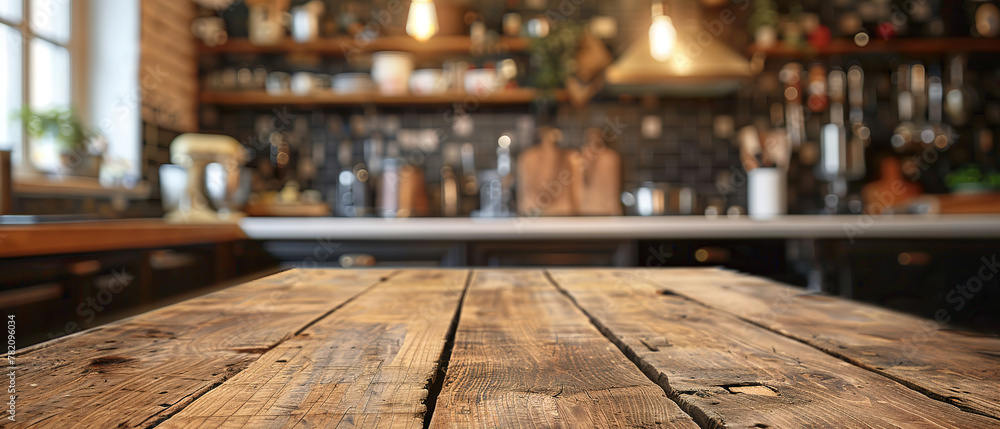 front view off empty raw wooden old table against blurred kitchen background, with empty copy space front view off empty raw wooden old table against blurred kitchen background, with empty copy space
