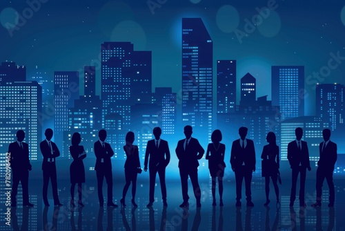 A group of business people standing in front of the city skyline