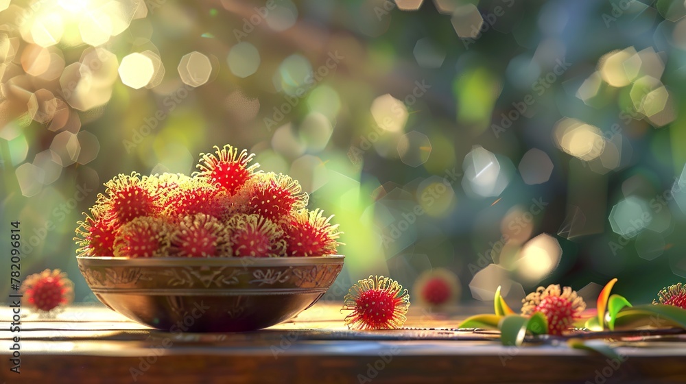 some rambutan in exotic style bowl,on a garden wood table on the sunshine day - obrazy, fototapety, plakaty 