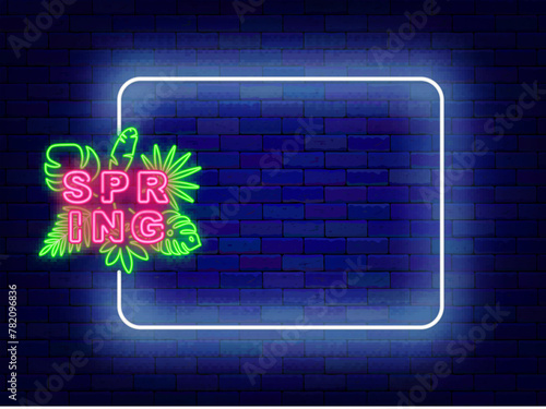 Spring neon announcement. Season sale and party invitation. Shiny promotion template. Empty white frame and typography with tropical leaves. Editable stroke. Vector stock illustration