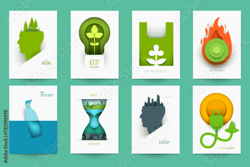 Set concept design of save nature ecology, climate, rewenable energy, recycle. Collection modern back grounds for cover, card, poster, banner in minimal paper cut style. Vector illustration.