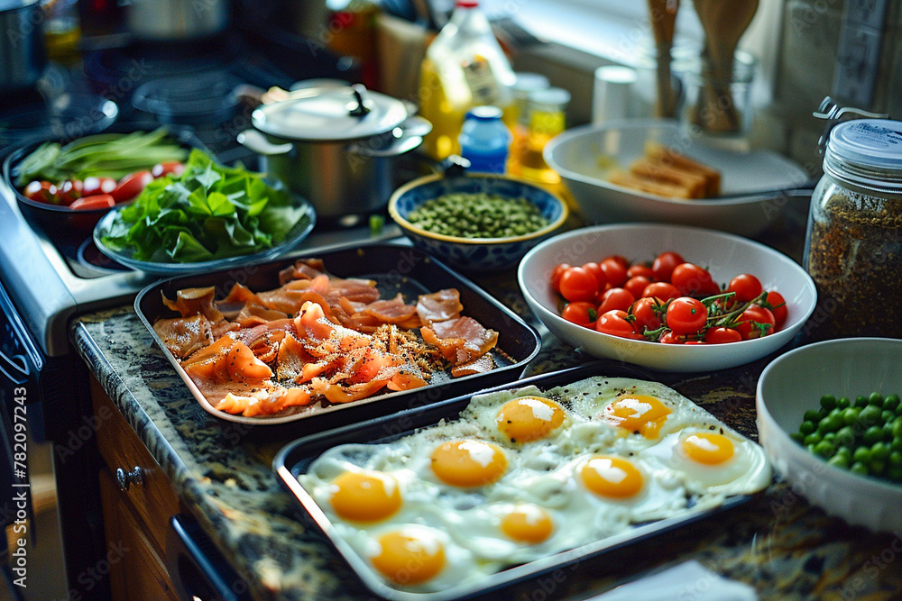 A delicious breakfast of smoked salmon, eggs, tomatoes, and toast.