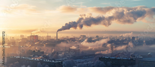 A panoramic view capturing the warmth of a winter sunrise over an industrial area with smokestacks releasing plumes into the chilly air.
