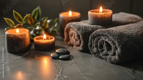 A table with candles, stones, and towels. Scene is calm and relaxing