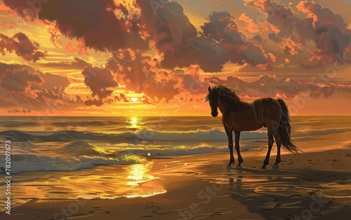 A striking horse stands on the shimmering beach at sunset  with golden clouds reflected in the gentle waves.