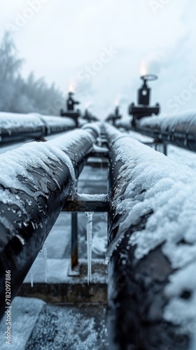 Parallel industrial pipes blanketed in snow with soft snowflakes falling, and a hazy backdrop of factory towers.