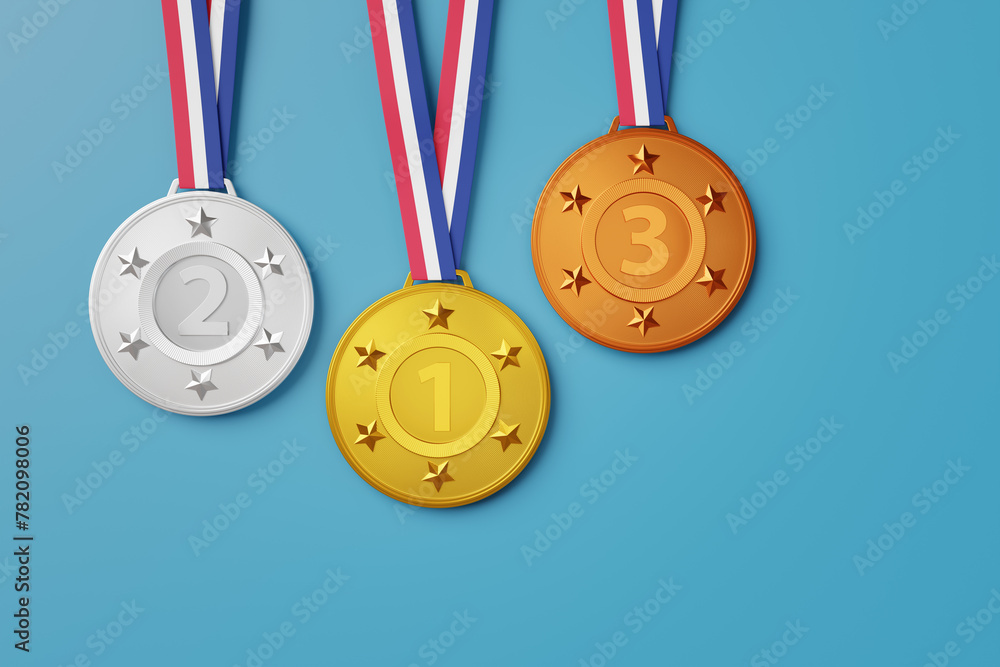 Obraz premium Gold, silver and bronze medals with a classic red, white and blue ribbon on light blue background. Illustration of the concept of competition, sports, winners, recognition and prizes
