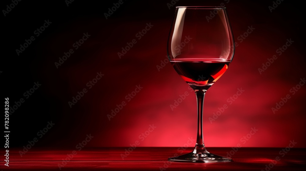 A red wine glass rests on the table, filled with alcoholic beverage