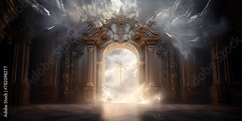 Majestic baroque gate with ethereal light: A vision of the afterlife in cinematic elegance