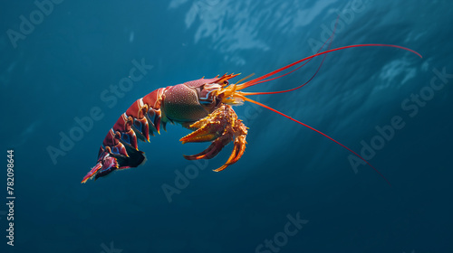 A reddish Yellow-ring spiny lobster of his head and behind him swimming fast in the deep blue sea