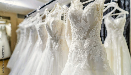 Close-up of beautiful luxury and elegant wedding dresses on hangers. White wedding dresses hanging on hangers in a boutique salon of the bridal shop. Generative Ai.