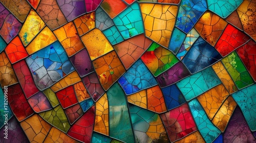 Abstract colorful mosaic of cracked textures, vibrant stained glass appearance creating a dynamic, artistic pattern.