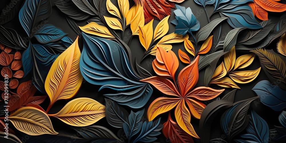 AI Generated. AI Generative. Bright color moody autumn fall floral tropical leaved in Maori style. Decorative background. Graphic Art AI Generated. AI Generative. Bright color moody autumn fall floral tropical leaved in Maori style. Decorative background. Graphic Art