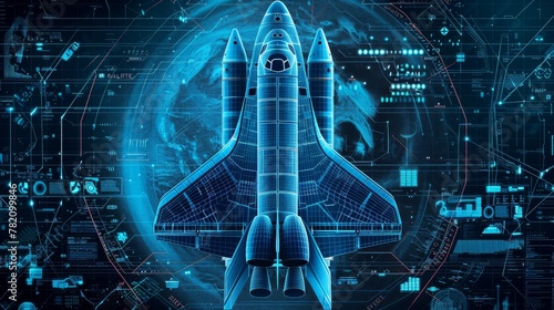 Futuristic digital blueprint of a space shuttle with a schematic overlay, concept for space exploration and technology.