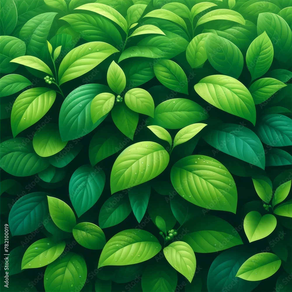 Lush green leaves background with a dense pattern of fresh, vibrant foliage with drops of water, perfect for themes of nature and environment. Lush green leaves background with a dense pattern of fresh, vibrant foliage with drops of water, perfect for themes of nature and environment.