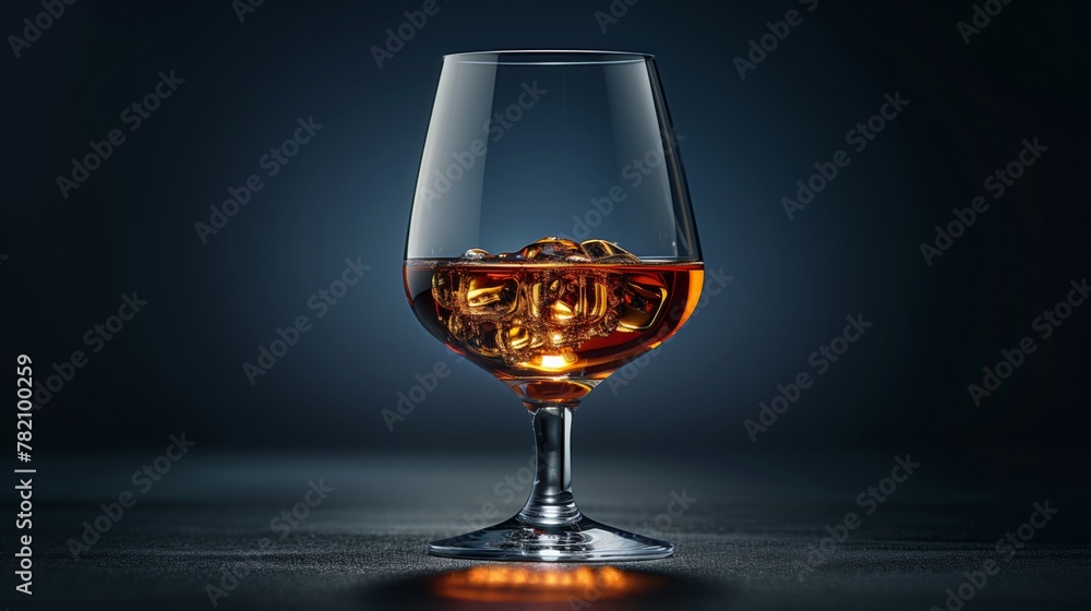 A cognac glass rests on a wooden table, surrounded by barware and stemware