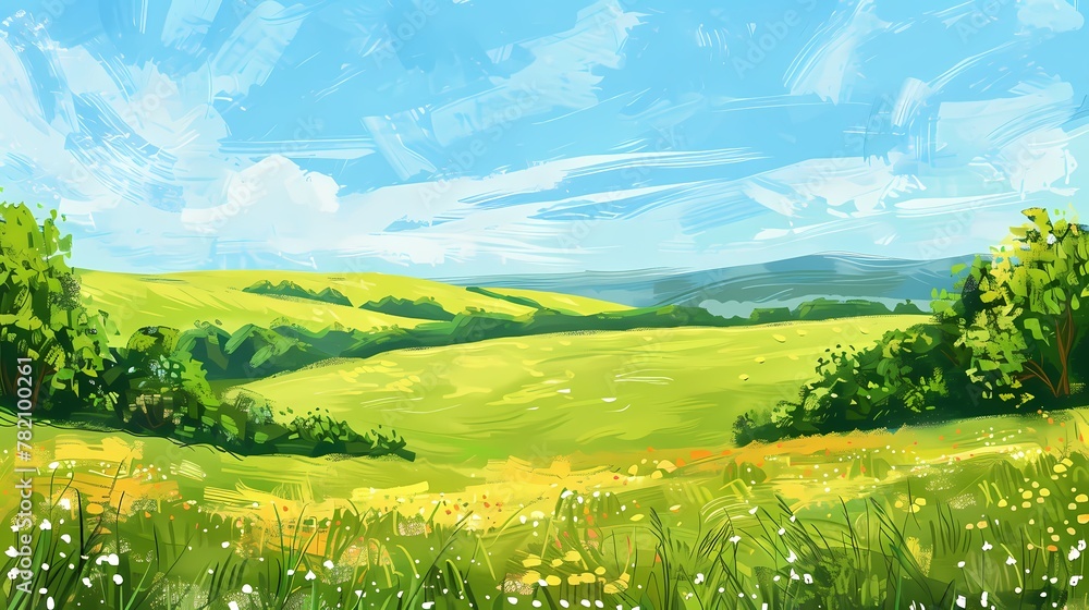 Spring green rural fields flat illustration poster background
