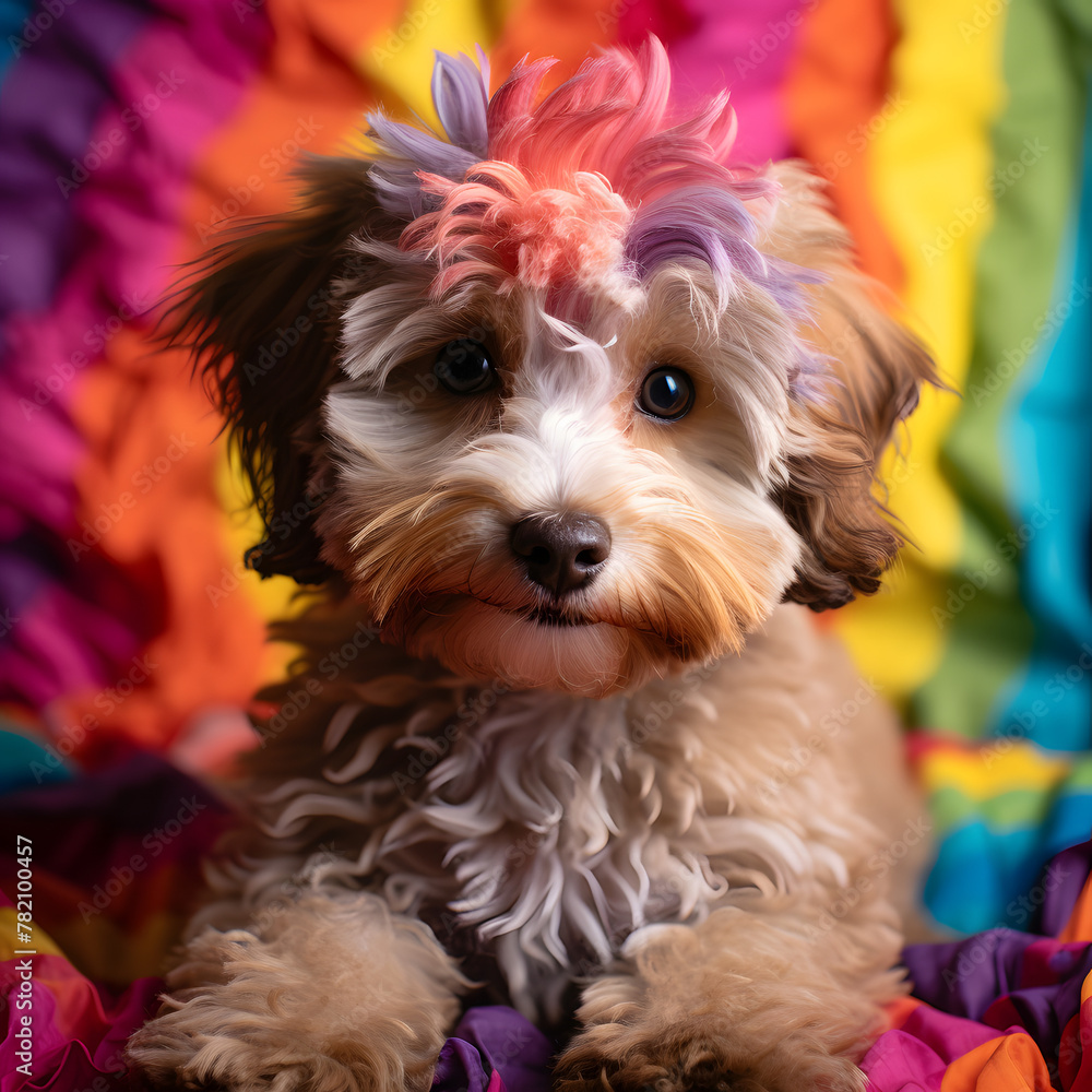 A small dog with a rainbow colored wig on its head