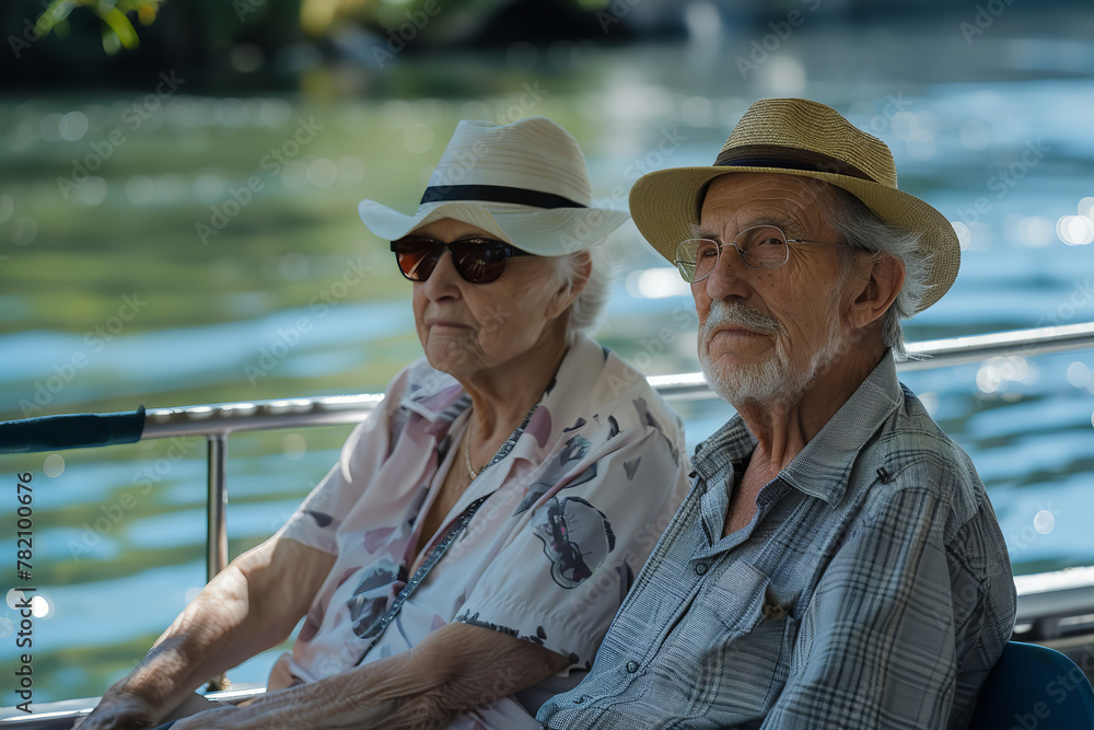 Elderly couple finds solace in a scenic river cruise - where cool breezes temper the summer's fervor Elderly couple finds solace in a scenic river cruise - where cool breezes temper the summer's fervor