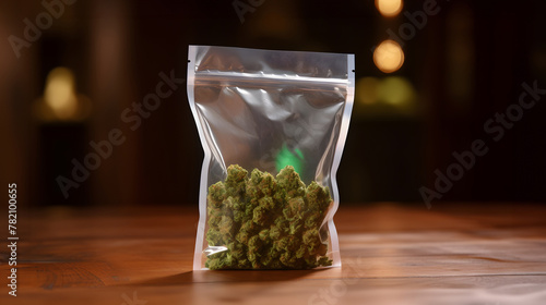 Medical cannabis in a clear zip bag on a wooden surface: A modern approach to alternative medicine photo