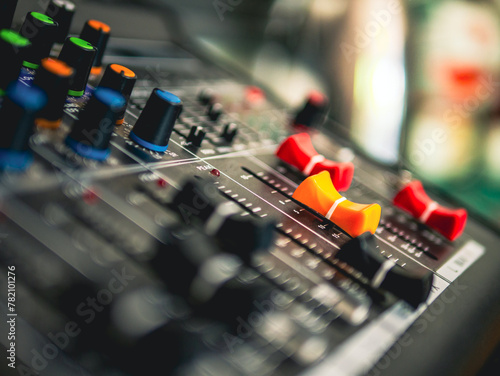 Wallpaper Mural Close-up of sound recording equipment knobs.Mixer control. Music engineer. Backstage controls on an audio mixer, Sound mixer. Professional audio mixing console, buttons, faders and sliders.  Torontodigital.ca