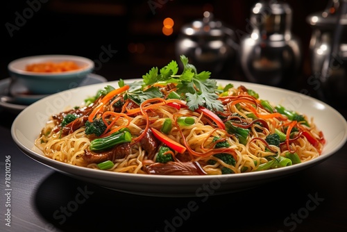Vegetarian Schezwan Noodles or Vegetable Hakka Noodles or Chow Mein in black bowl at dark background photo