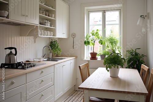 white kitchen with white wooden cabinet and white and green plant craftcore, beige and white photo