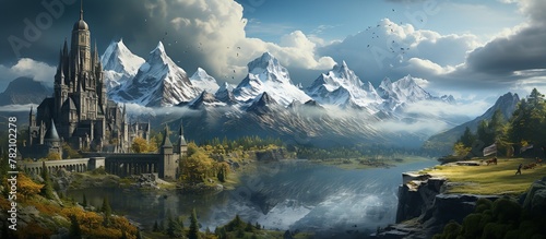 landscape with fantasy castle and high mountains