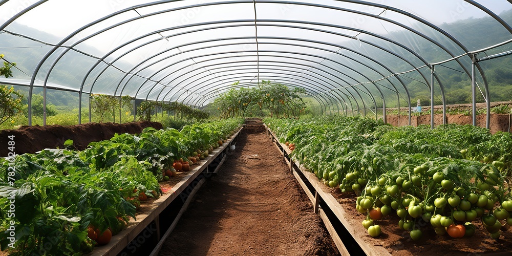 AI Generated. AI Generative. Inside indoor fruit vegetables plants farming harvest plantation background. Graphic Art