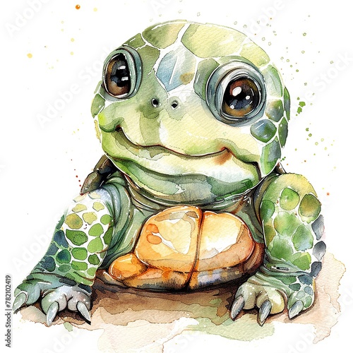 Watercolour Animal Clipart Cute Baby turtle Siting on white background