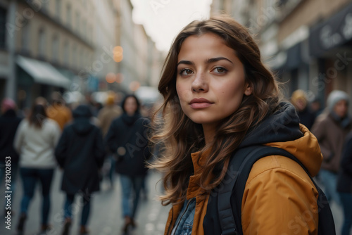 Junge Frau mit braunen Haaren und gelber Jacke steht nachdenklich in belebter Straße. © KraPhoto
