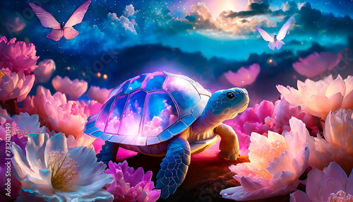 Transparent crystal turtle shell with fantasy landscape inside  flowery meadow above  peach-colored flowers and colorful birds. World Turtle Day.