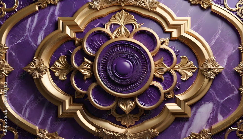 The mandala. 3 d purple gold wallpaper.  ceiling mock up