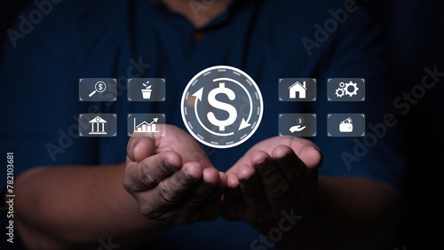 Businessman holding investment icon on virtual screen for fund financial investment management portfolio diversification
