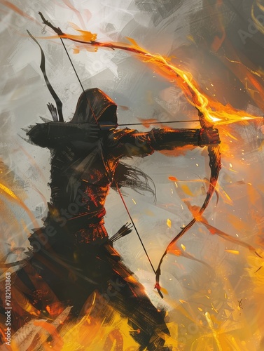 Mystical archer in shadowy guise aiming a flaming arrow, creating a bold contrast against the chaotic backdrop