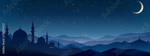 Beautiful ramadan star Moon with mosque silhouette on a navy blue and crescent copy space background