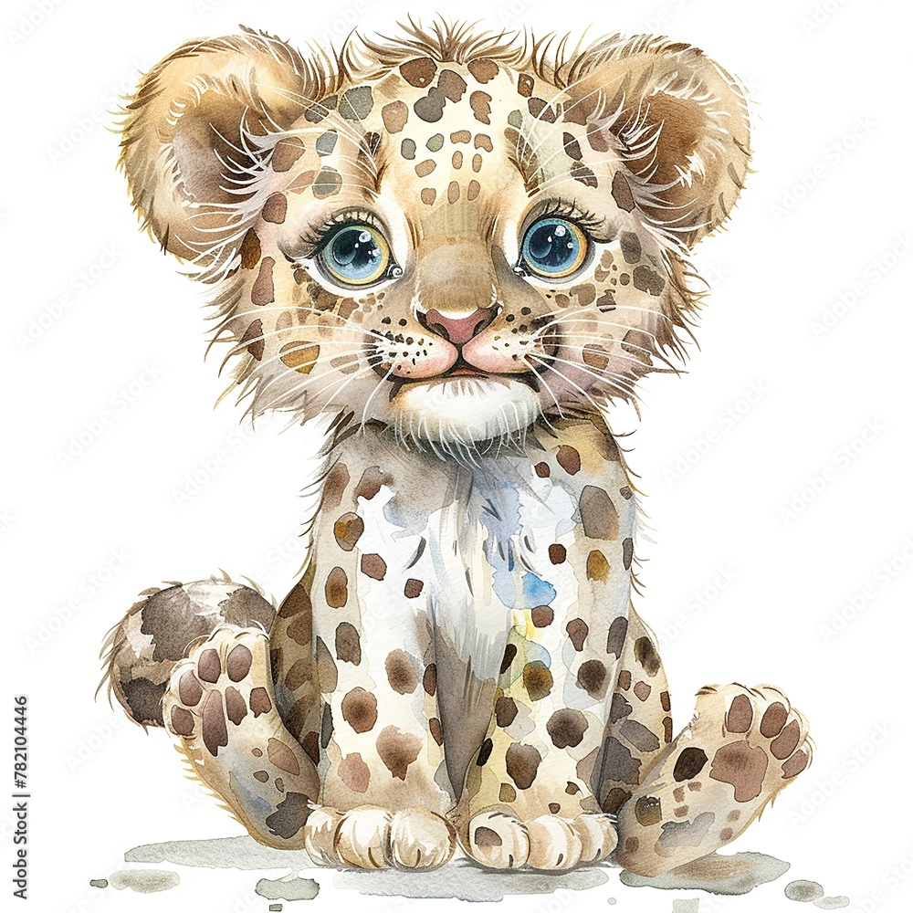 Fototapeta premium Watercolour Animal Clipart Cute Baby leopard Siting on white background