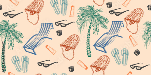 Seamless beach pattern with palm tree, sun lounger, sunglasses, sunscreen, beach bag, flip flops. Background with design elements of seaside holidays