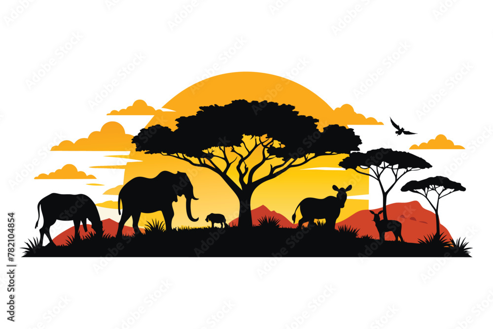 African landscape. wild animals in the wild. sunset or sunrise.