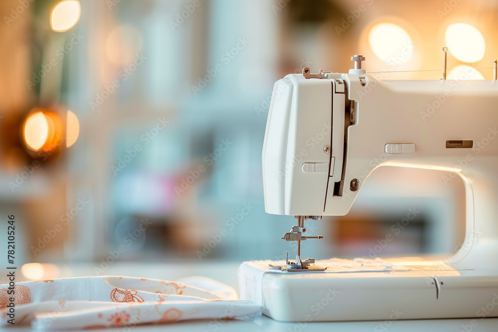 Sewing machine on blurred background in a modern interior fashion design studio.