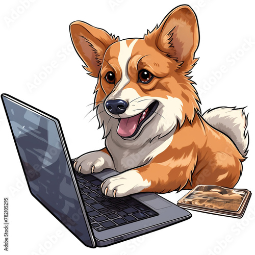 Norrbottens pets dog working on laptop сreated with Generative Ai photo