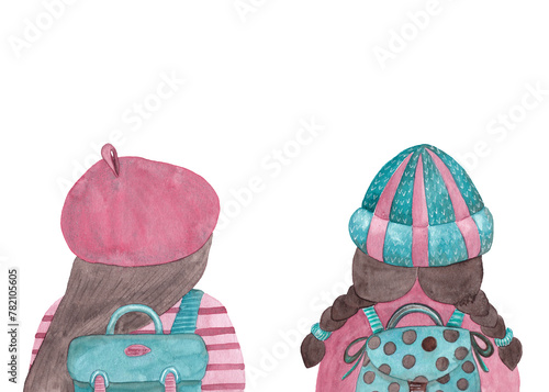 Beautiful portrait of female tourists with backpacks for lifestyle design. Back view. Two girls on a spring hike. Watercolor illustration. Isolated cartoon characters © ElenVilk