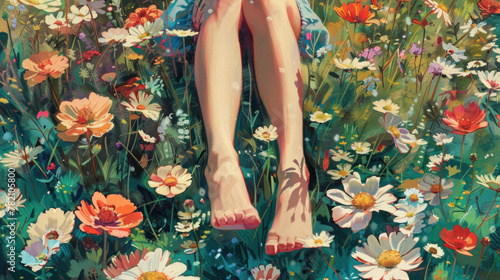 Amidst the colorful blooms, the girl's legs create a picturesque scene of relaxation in the meadow.