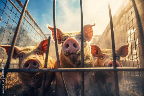 Curious Pigs Hog Peering Through Cage Behind Bars Enclosure Farming Industry Environment photo